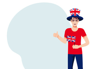 A young man with British flag and a thumbs up. Background for the text. Vector illustration.