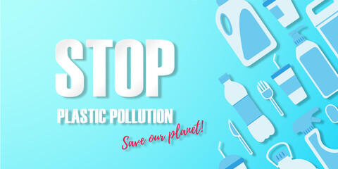 Stop plastic pollution. Disposable plastic. Copy space. Flat lay. Bottle, glass, spoon, knife, canister, spray. Light on the left. Flat style items on the right. Color maldives background.