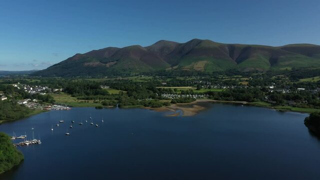 4K:  Drone Aerial Clip of Derwentwater, Keswick in the English Lake District, Cumbria, UK. With Mountains. Stock Video Clip Footage