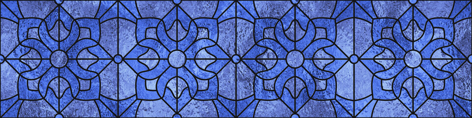 Sketch of a blue stained glass window. Flower. Seamless pattern. Abstract stained-glass background. Blue colors. Modern stained glass. Translucent. Architectural decor. Transparency. Light.