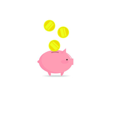Money, gold coins fall down into the piggy bank. Concept: savings, savings, keeping money, saving money. Vector illustration, flat cartoon color minimal design, isolated on white background, eps 10.