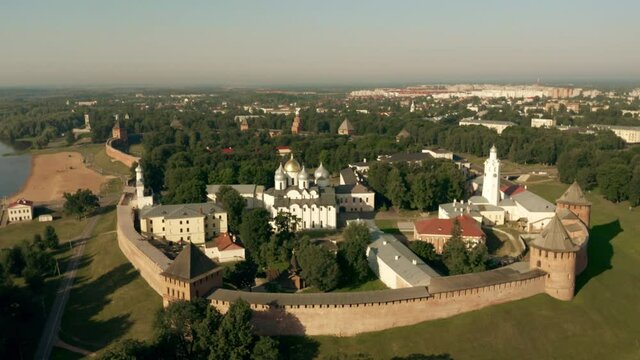 Aerial revealing shot of the Veliky Novgorod Detinets or Kremlin historic fortress, Russia