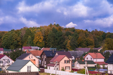 Roofs of houses. The village on the edge of the forest. Autumn forest and private houses.