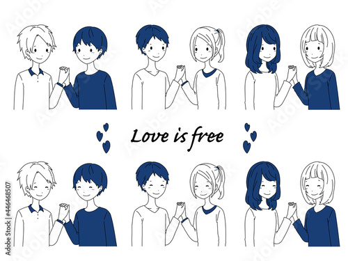 青色の男女 男性同士 女性同士の3組のカップルのイラスト素材セット Cartoon Wall Mural Carto アオフジマキ