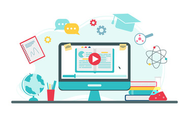 Online education concept. Icons for education, online learning infographics design, web elements, Physics, chemistry, geography, mathematics school subjects. Illustration in flat style.