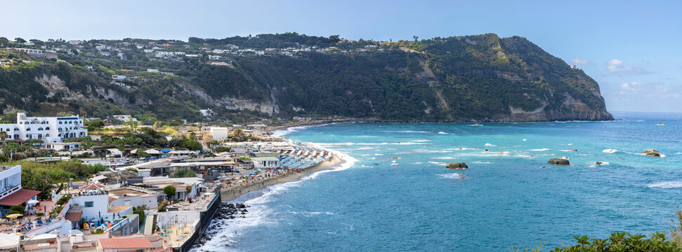 Panoramic view of the beach of Citara and the island of Ischia, Naples, Italy
