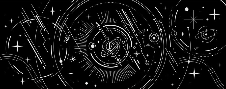Vector abstract space illustration with star, planet and white color line