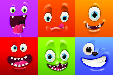 scary faces masks with mouth and eyes of aliens monsters emoticon