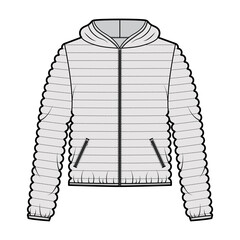 Hooded jacket Down puffer coat technical fashion illustration with long sleeves, zip-up closure, pockets, narrow quilting. Flat template front, grey color style. Women, men, unisex top CAD mockup