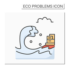 Tsunami color icon. Big ocean wave and coastal city linear pictogram. Concept of natural disasters and hazards, climate changes and polar ice caps melting.Isolated vector illustration