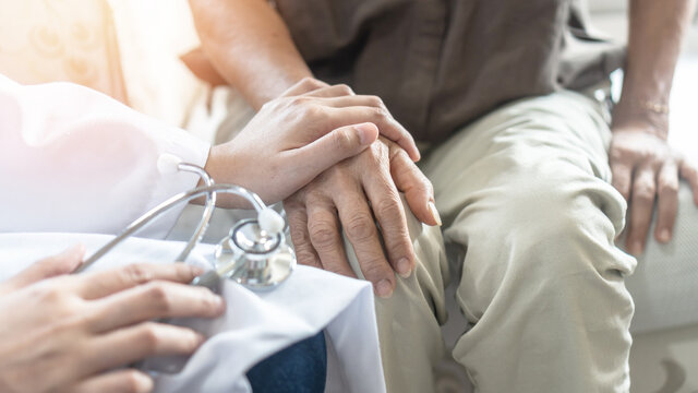 Parkinson Disease Patient, Alzheimer Elderly Senior, Arthritis Person's Hand In Support Of Geriatric Doctor Or Nursing Caregiver, For Disability Awareness Day, Ageing Society Care Service