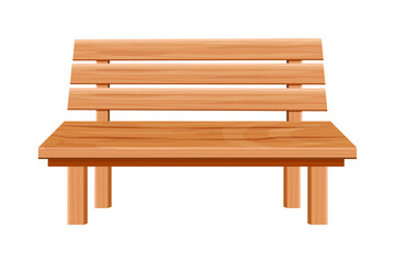 Wooden park bench, garden furniture in cartoon style isolated on white background. Wood street seat, outdoor decoration.