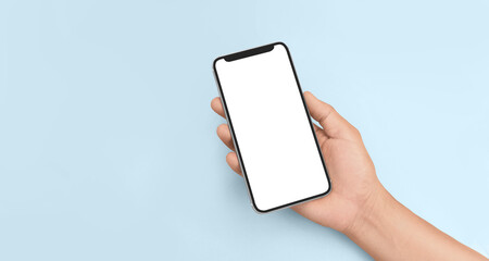 Hand holding smartphone device touching screen