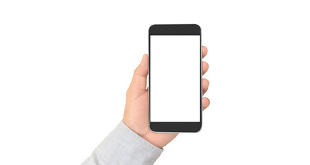 Hand holding smartphone device touching screen
