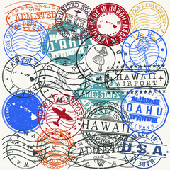 O‘ahu, Hawaii, USA Set of Stamps. Travel Stamp. Made In Product. Design Seals Old Style Insignia.
