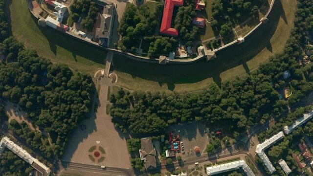 Aerial top down shot of the Veliky Novgorod Detinets or Kremlin historic fortress, Russia