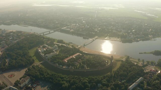 Aerial view of the Veliky Novgorod Detinets or Kremlin historic fortress and the Volkhov River, Russia