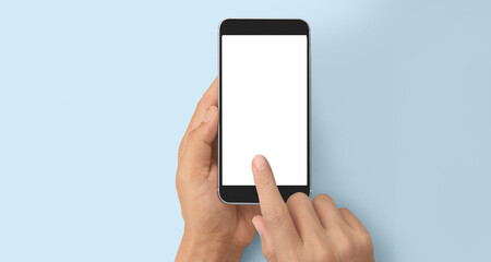 Hand holding smartphone device touching screen