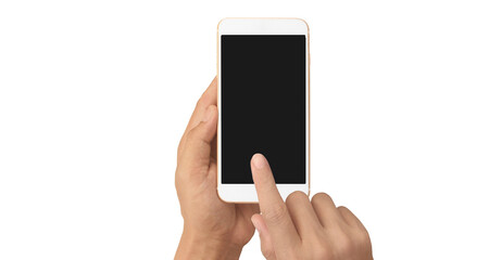 Hand holding smartphone device touching screen