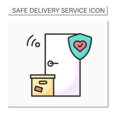 Safe delivery color icon. Contact less door-to-door order delivery with corona virus stop. Concept of online shopping service and retail in covid pandemic. Isolated vector illustration