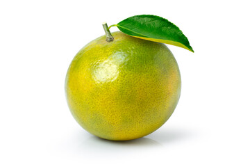 Tangerine orange fruit with green leaf isolated on white