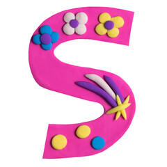 T letter handmade in clay plasticine decorated with rain drops, star, clouds. Ideal for nursery goods. Alphabet symbol set.
