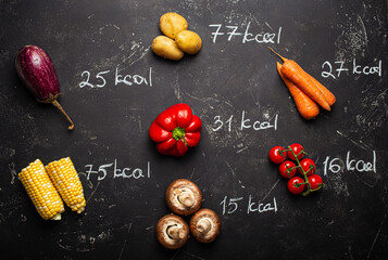 Vegetables and calorie counting top view - obrazy, fototapety, plakaty