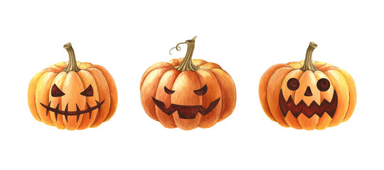 Pumpkin halloween set. Watercolor illustration scary face. Hand drawn pumpkin spooky face collection. Halloween jack pumpkin head element. White background. Funny angry faces pumpkins