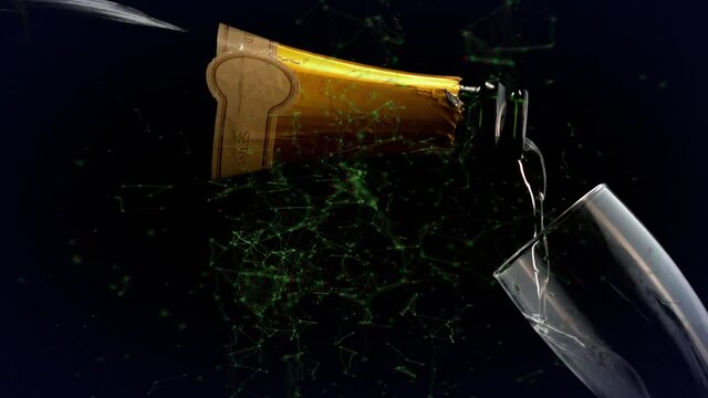 Animation of network of connections over champagne bottle and glass