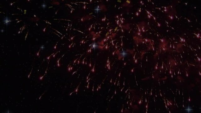 Animation of fireworks exploding and gold confetti falling, on black
