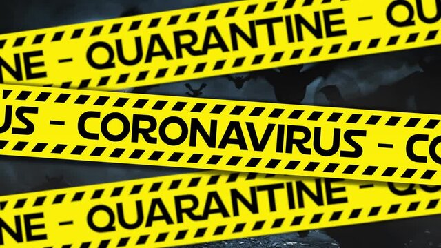 Animation of coronavirus quarantine warning text on yellow hazard tape, with bats, moon and grave