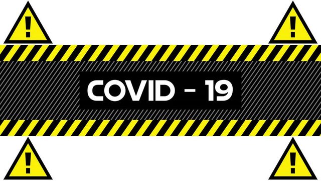Animation of warning text covid 19, with hazard triangles over bat, on white
