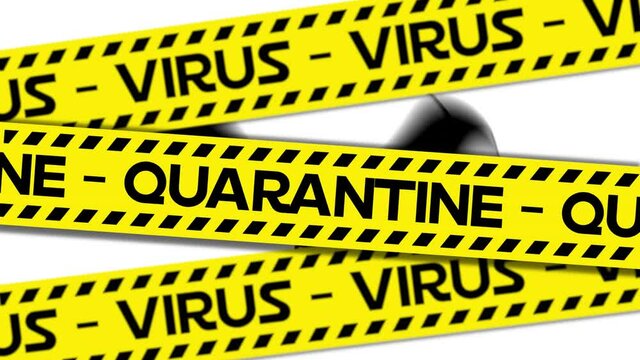 Animation of coronavirus quarantine warning text on yellow hazard tape, over bat, on white