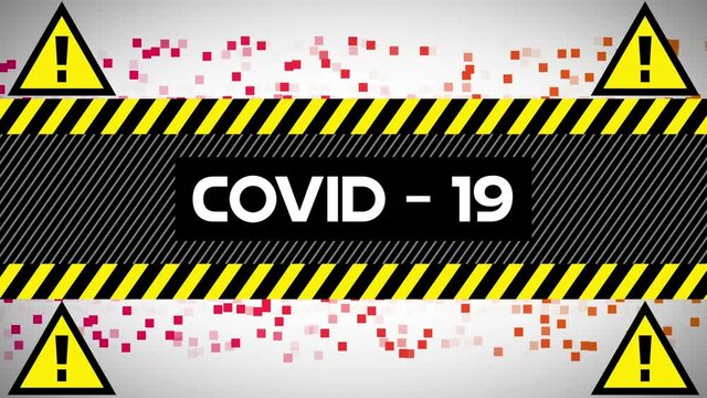 Animation of covid 19 text and hazard triangles, over red moving pixels