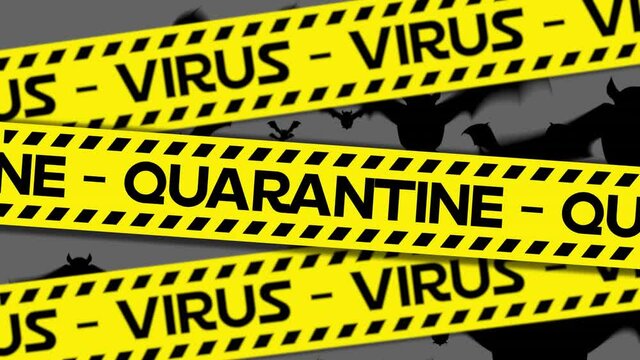Animation of coronavirus quarantine warning text on yellow hazard tape, over bats, on grey