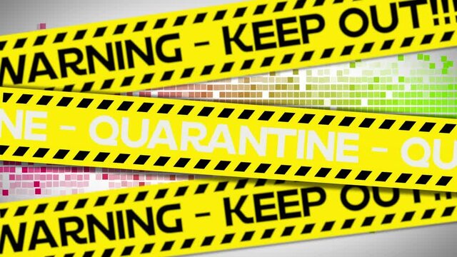 Animation of quarantine warning keep out text on yellow hazard tape, over colourful moving pixels