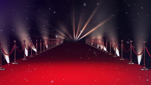 Animation of moving spotlights and falling snow over red carpet venue