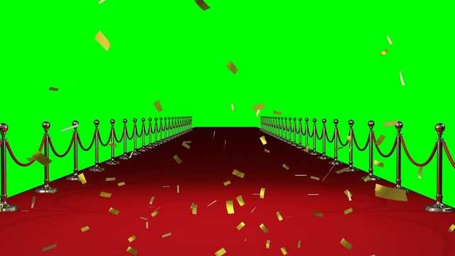Animation of gold confetti falling over red carpet venue with green screen background