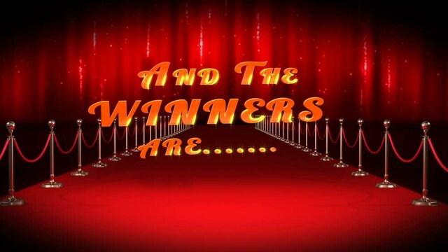 Animation of text, and the winners are, with red confetti over red carpet venue
