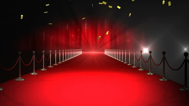 Animation of gold confetti falling over red carpet venue, with paparazzi flashbulbs