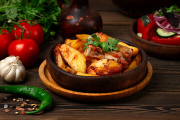 Potatoes with chicken, fried dish on a clay pan, ketsi, Ojakhuri, Georgian cuisine, rustic style,