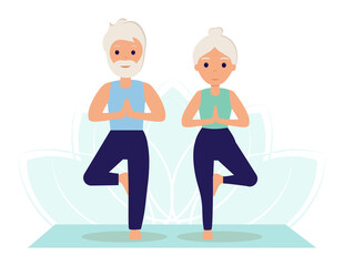 Fototapeta premium Elderly people do yoga, practice meditation. Yoga classes. The old woman and the old man go in for sports to lead an active healthy lifestyle. Yoga practice. Illustration in flat style.