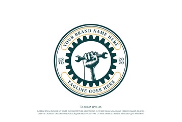 Retro Gear Hand Hold Wrench for Garage Custom Workshop Logo Design Vector