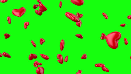 Isolated falling red hearts on a green background. Decoration for marriage, love, dating, birthday, wedding or event.