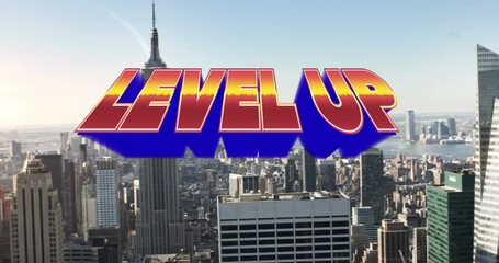 Animation of orange text level up, over modern cityscape - Powered by Adobe