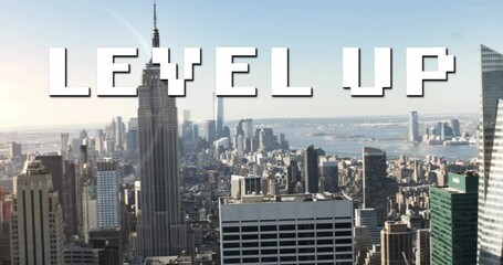 Animation of white pixel text level up, over modern cityscape - Powered by Adobe