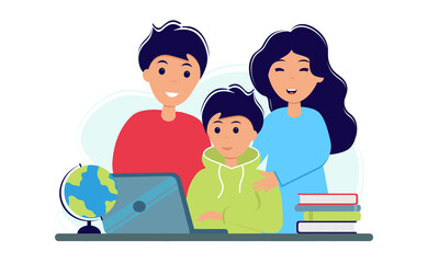 Online education during coronavirus outbreak concept. Boy studying on laptop with parents. Family stays at home. Illustration in flat style. Self-isolation.