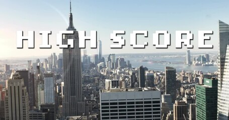 Animation of high score text in white letters over cityscape - Powered by Adobe