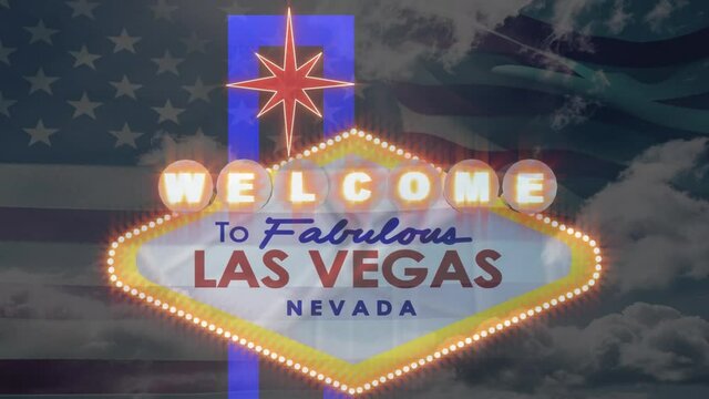 Animation of las vegas neon sign over american flag