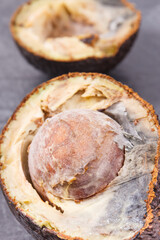 Two halves of an avocado with mold. Dark background. Unhealthy food